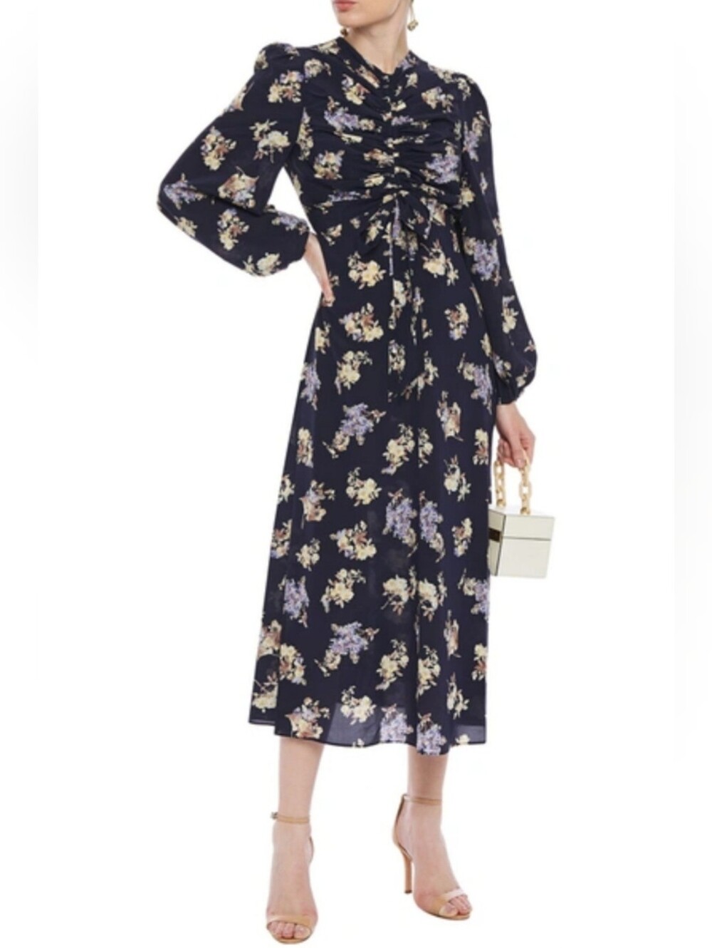 Zimmermann Floral Ruched Silk Dress Long Sleeve Puffy Size 1 Navy Blue